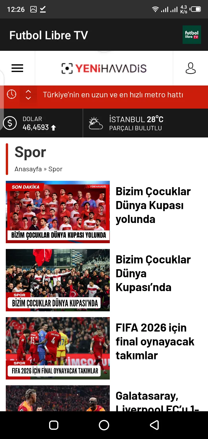 Screenshot of Futbol Libre 2 live football streaming interface on Android
